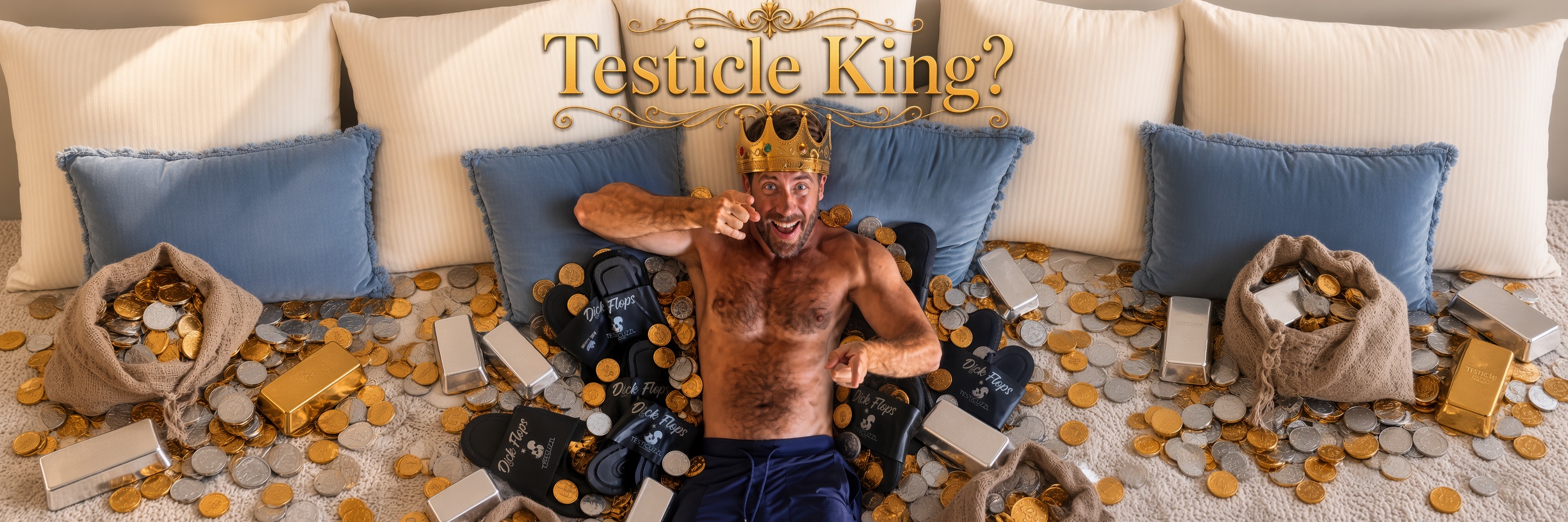 The Testicle King — crowned on a bed of treasure and Dick Flops